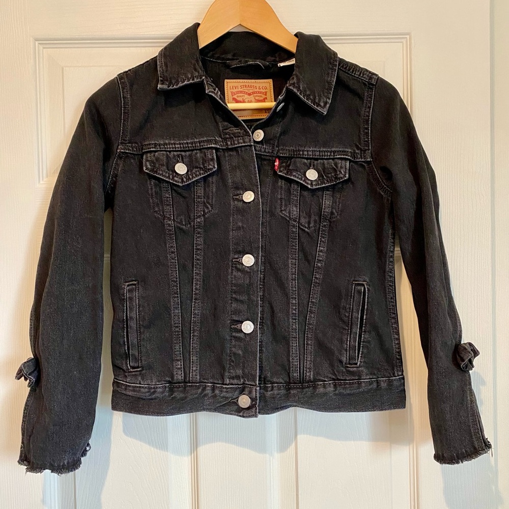 Levi's Women’s Black Cropped Button-Up Denim Jean Jacket Bow Detail Size XS